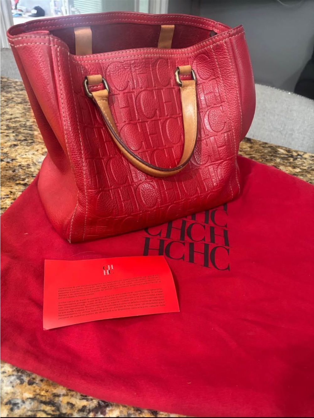 Carolina Herrera Red Embossed Leather Tote with Tan Handles
